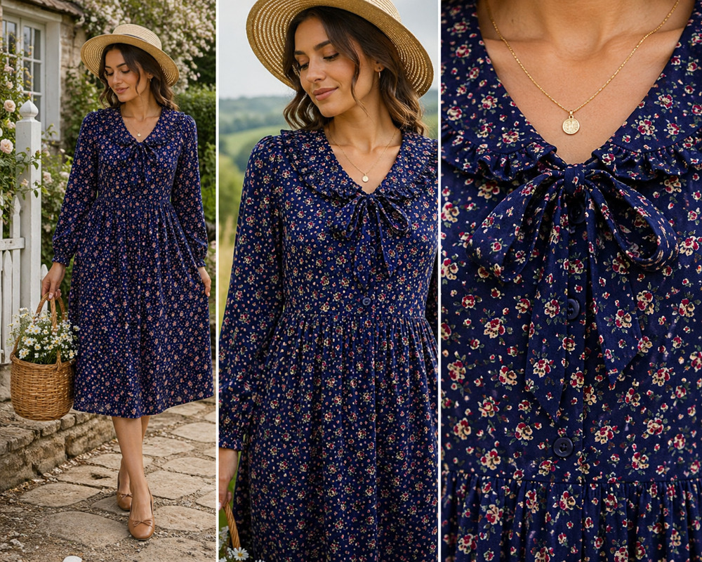 Laura Ashley Vintage bow ruffle collar prairie dress Cottage core Britain Sz-8